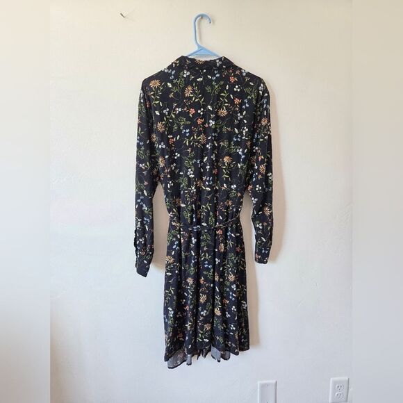 J.Jill Plus Size 3X Floral Shirt Dress Blouson Navy Blue Midi Pockets Waist Tie - Picture 6 of 9